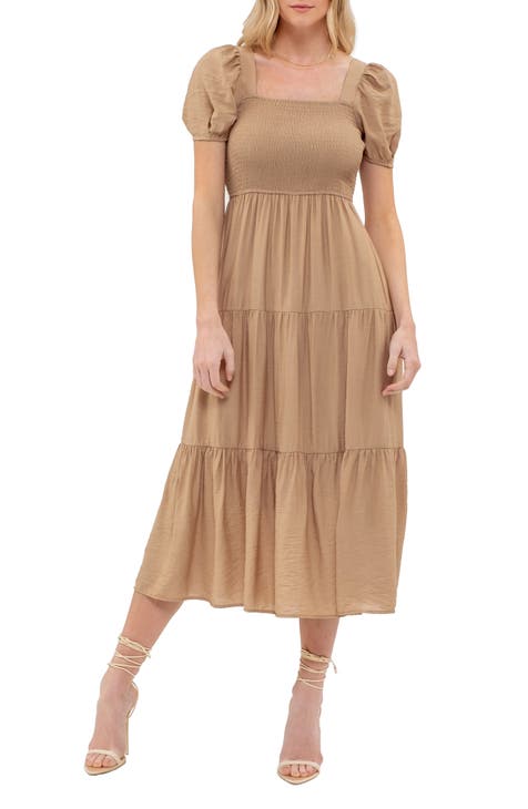 Puff Sleeve Tiered Midi Dress