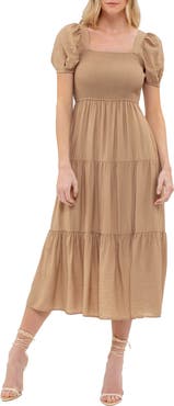 AUGUST SKY Puff Sleeve Tiered Midi Dress