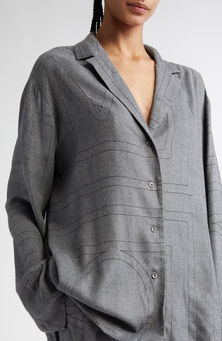 TOTEME Monogram Embroidered Flannel Pajama Top, Alternate, color, Smoke Melange