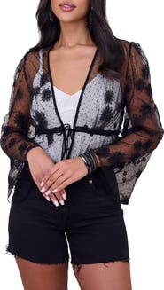 SAACHI Sheer Floral Mesh Bell Sleeve Tie Front Top