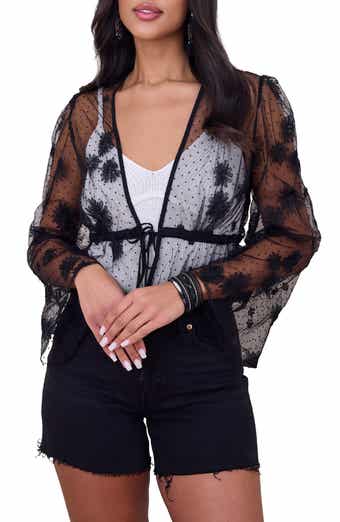 Sheer Floral Mesh Bell Sleeve Tie Front Top