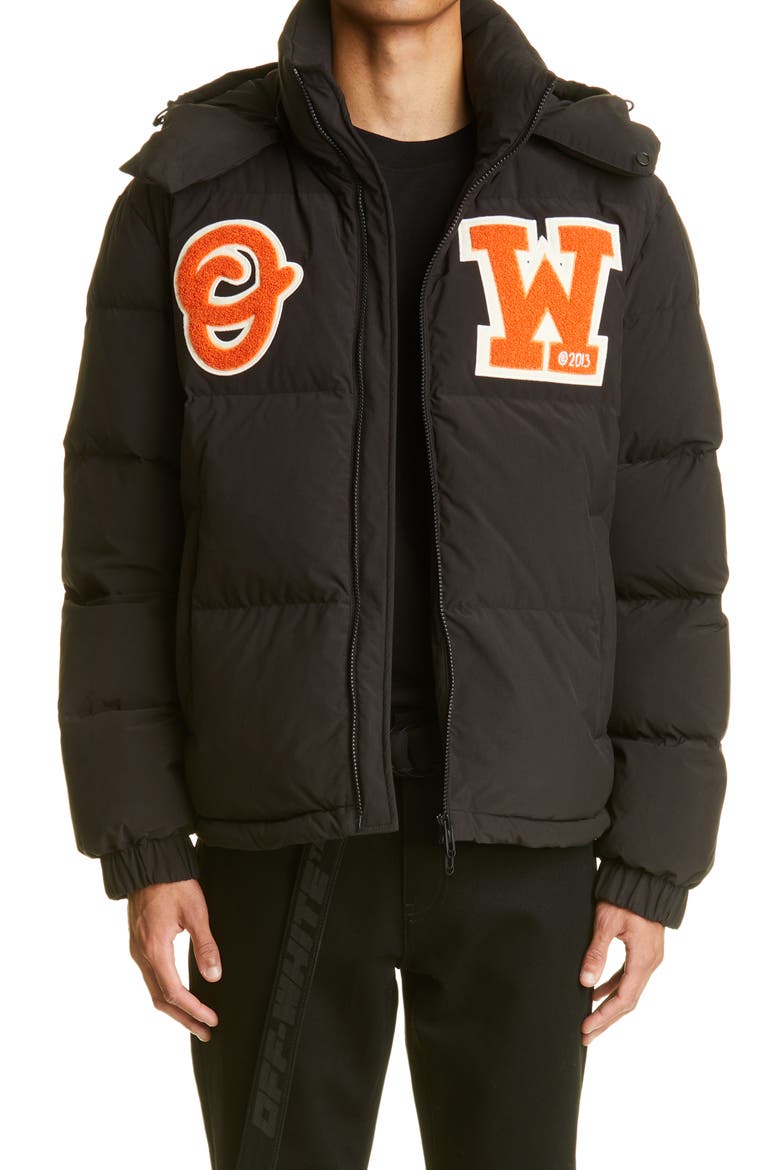 Bouclé Patch Down & Feather Fill Hooded Puffer Jacket, Main, color, BLACK