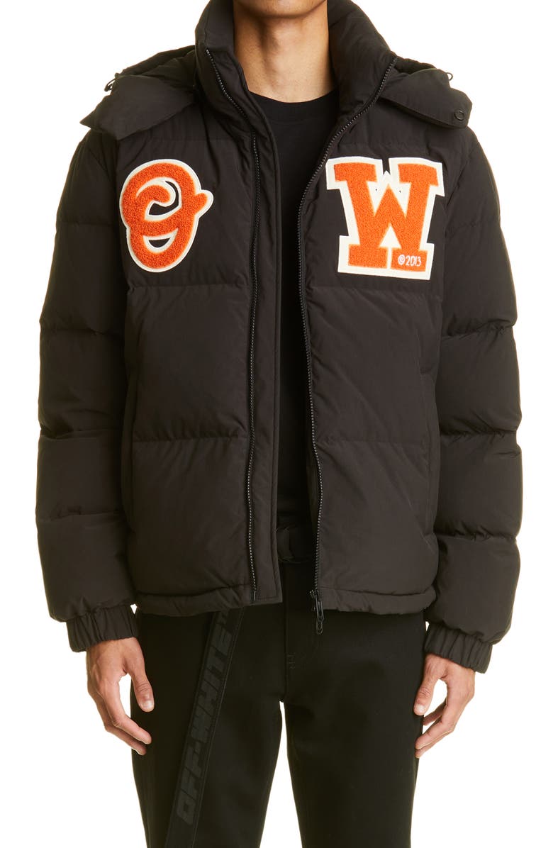 Off-White Bouclé Patch Down & Feather Fill Hooded Puffer Jacket, Main, color, 