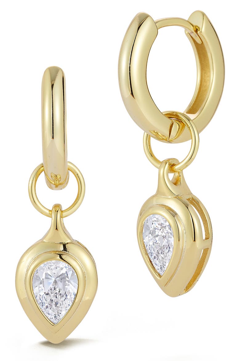 Pear Cut Moissanite Drop Huggie Hoop Earrings, Main, color, GOLD