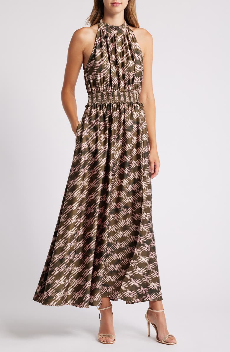 MELLODAY Geo Print Smocked Waist Maxi Dress, Main, color, Dark Olive Geo