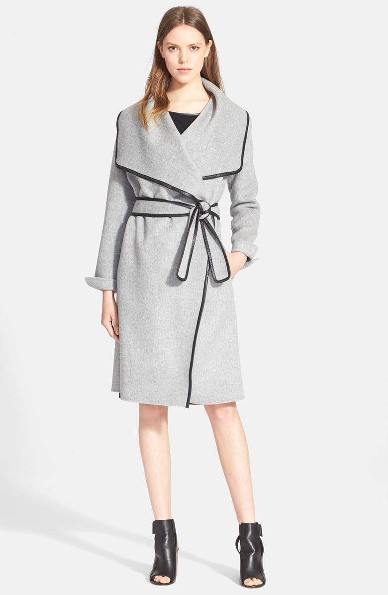 Vince Leather Trim Drape Front Coat, Main, color, 