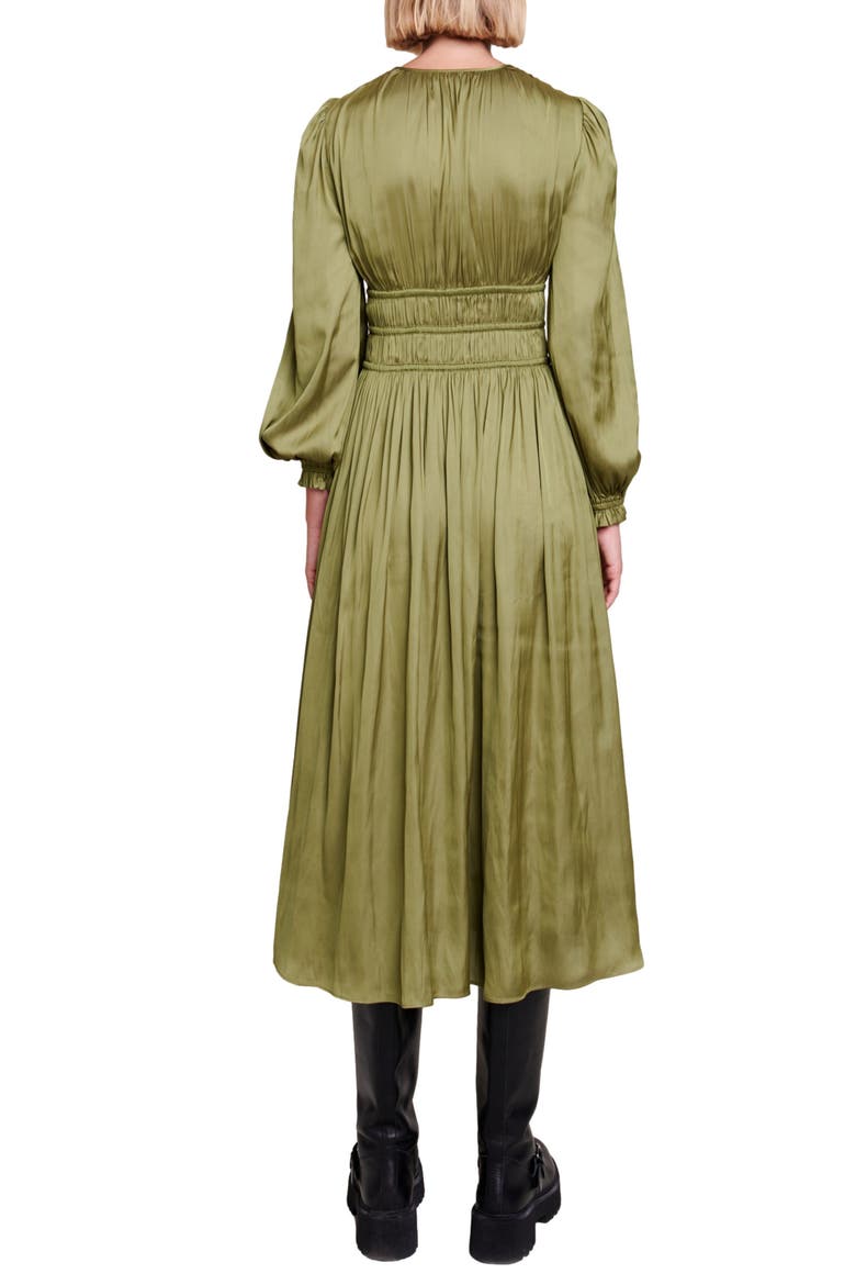 Long Sleeve Ruffle Satin Midi Dress, Alternate, color, KHAKI