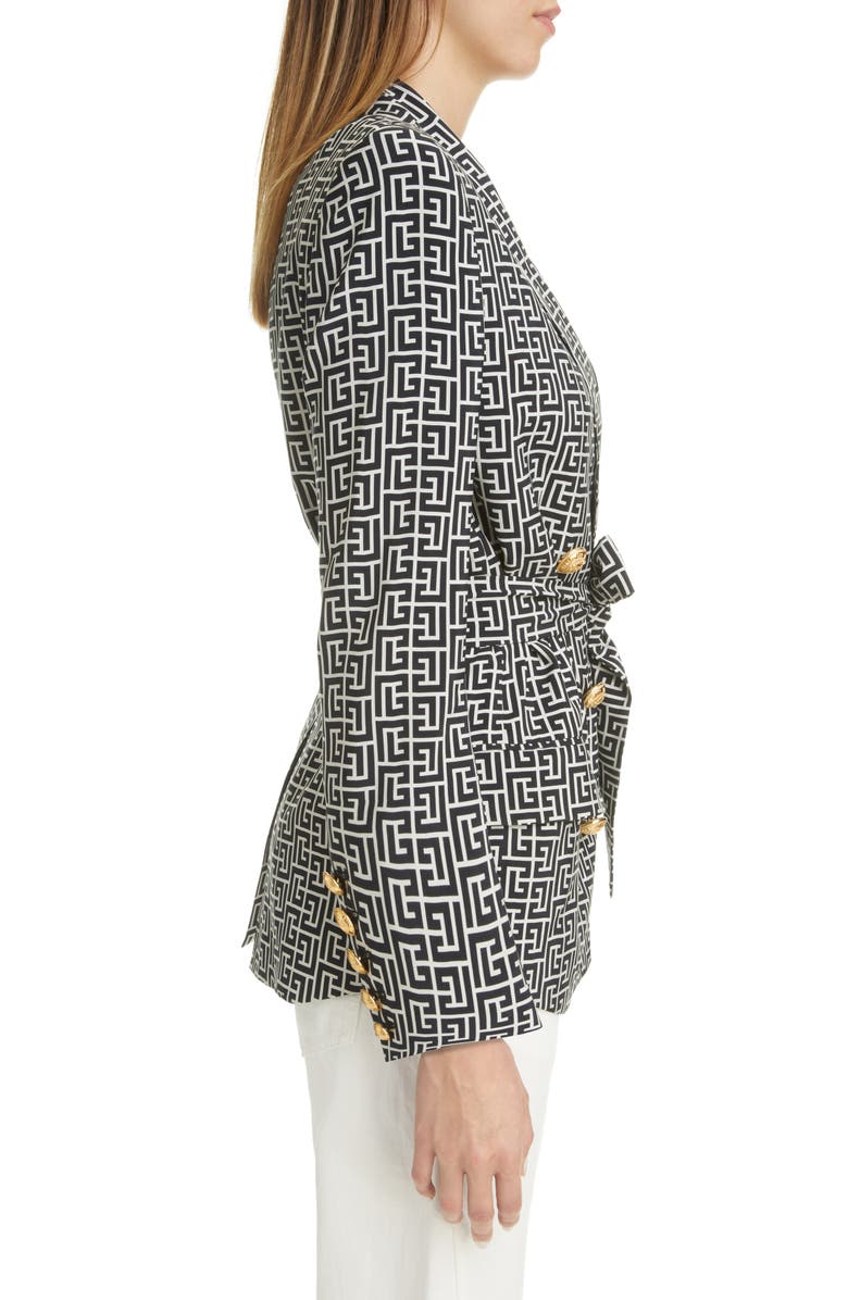 Balmain Monogram Print Double Breasted Cupro Jacket, Alternate, color, 