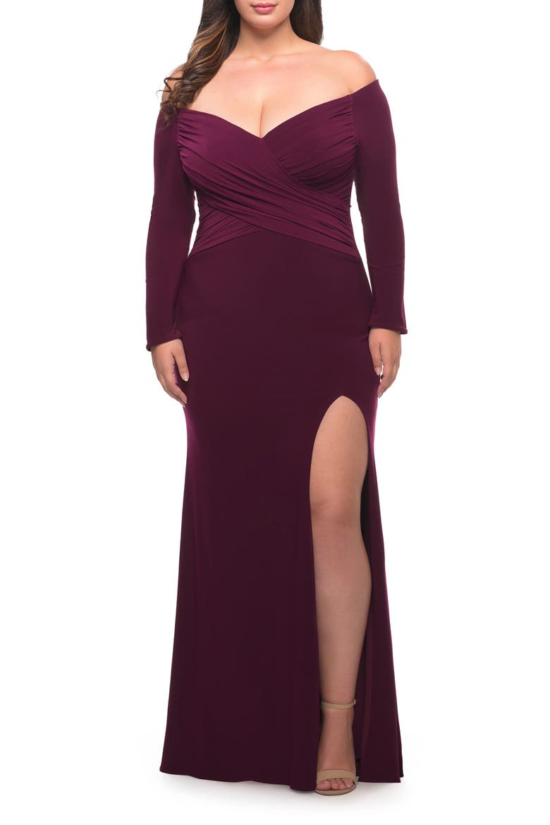 Long Sleeve Off the Shoulder Plus Size Gown, Main, color, DARK BERRY