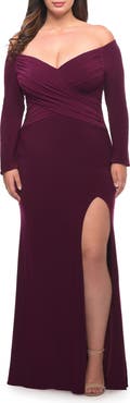 La Femme Long Sleeve Off the Shoulder Plus Size Gown