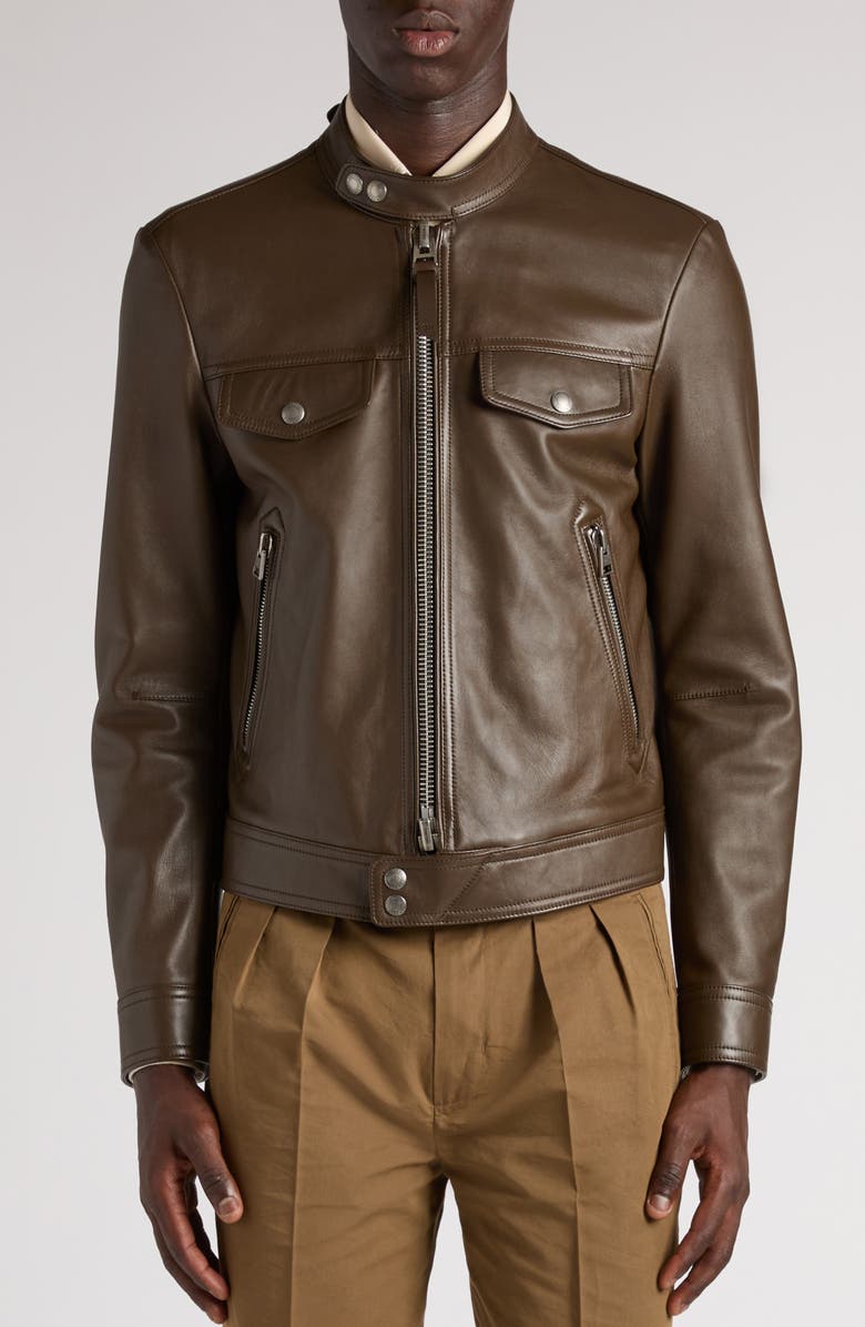 TOM FORD Plongé Leather Cafe Biker Jacket, Alternate, color, Fg820 Dark Olive