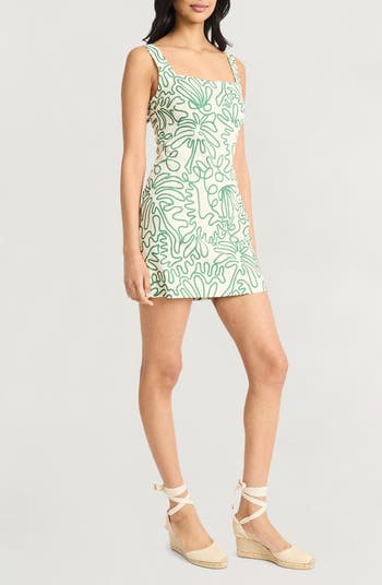 Squiggle Print Square Neck Linen Blend Minidress