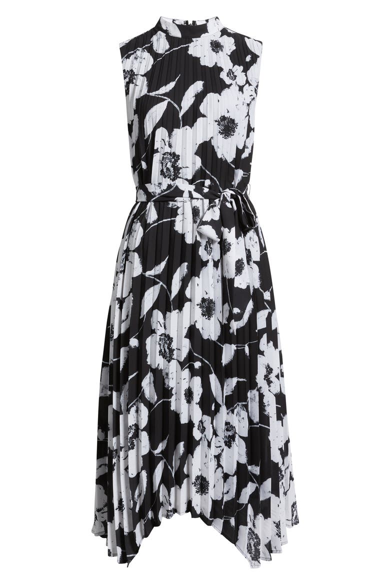 Floral Handkerchief Hem Pleated Midi Dress, Alternate, color, BLACK WHITE