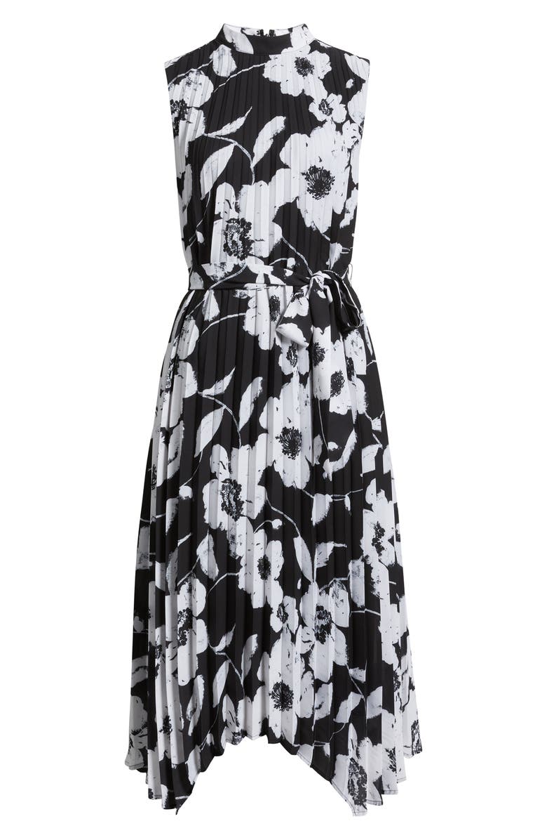Tahari ASL Floral Handkerchief Hem Pleated Midi Dress, Alternate, color, Black White