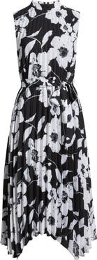 Tahari ASL Floral Handkerchief Hem Pleated Midi Dress