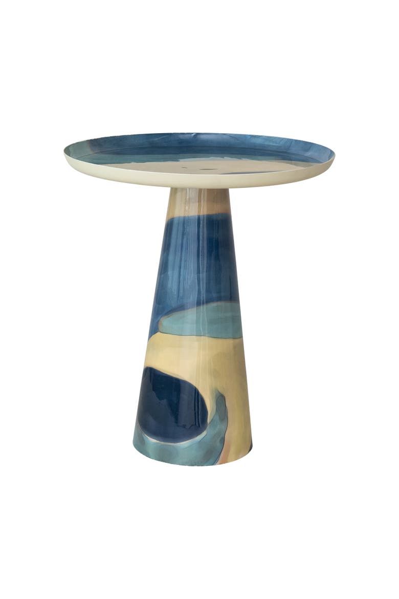 Enameled Metal Round Table with Abstract Design, Main, color, Blue