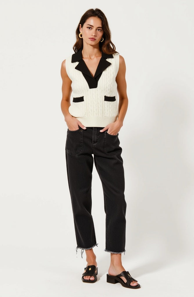 Modenaire Sleeveless Cable Knit Vest with Contrast Collar and Pocket Accents, Alternate, color,