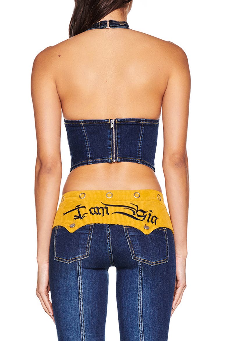 Tommie Mixed Media Halter Corset Top, Alternate, color, DARK WASH