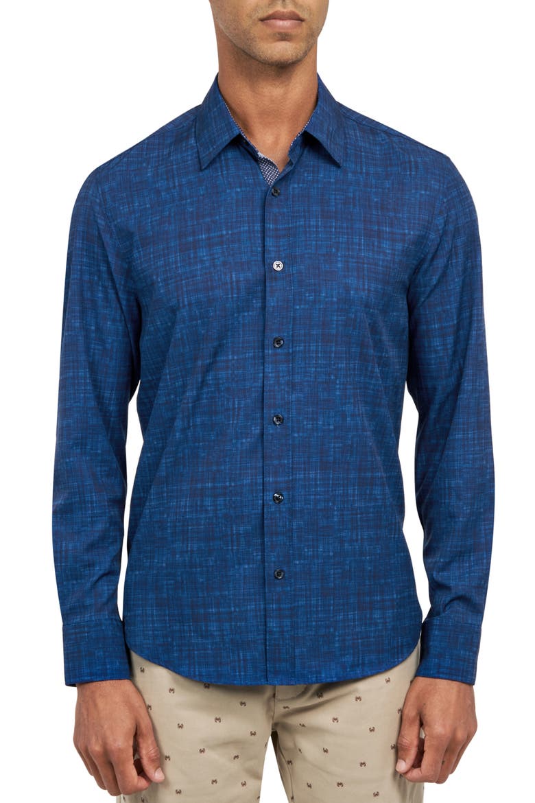 Slim Fit Four-Way Stretch Performance Chambray Button-Up Shirt, Main, color, NAVY CHAMBRAY