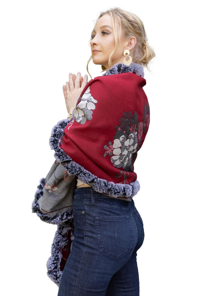 Floral Reversible Scarf with Faux Fur Trim, Alternate, color, MAROON