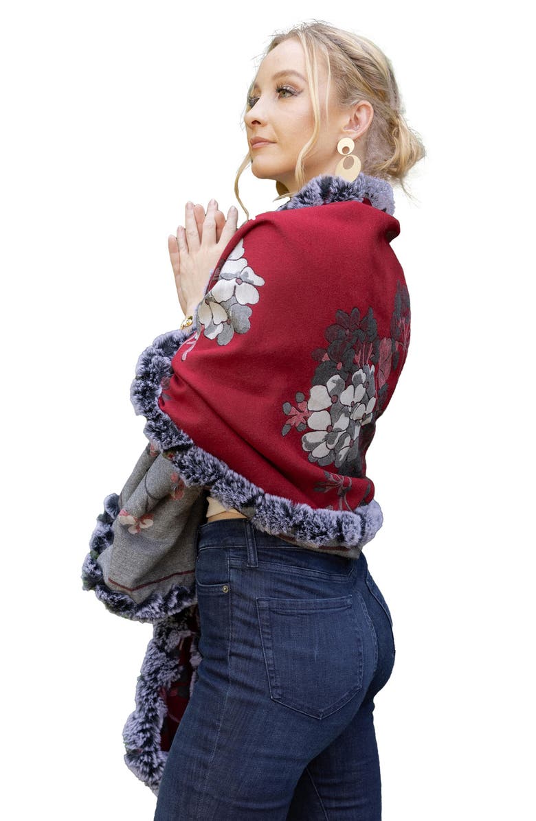 SAACHI Floral Reversible Scarf with Faux Fur Trim, Alternate, color, Maroon