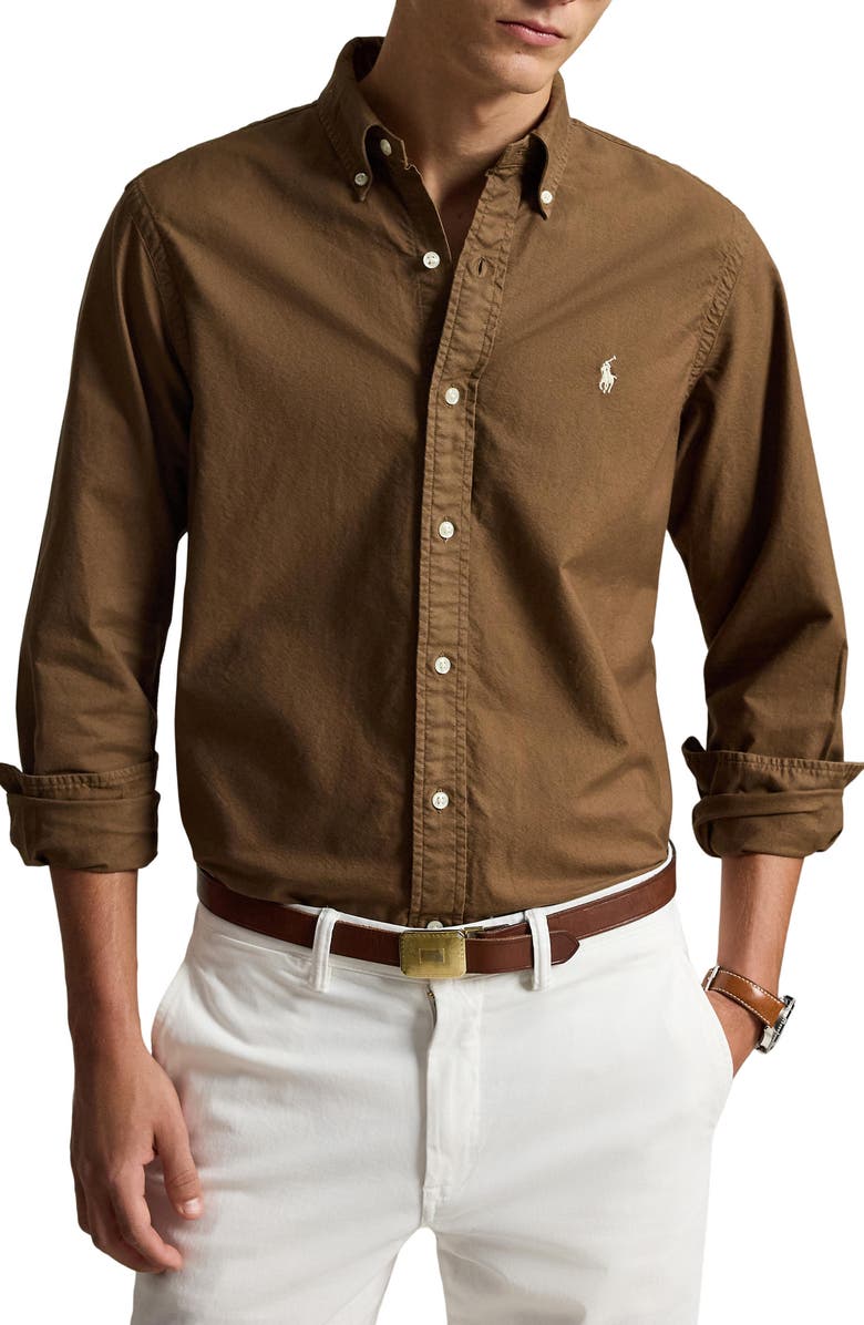 Polo Ralph Lauren Classic Fit Solid Garment Dyed Cotton Button-Down Oxford Shirt, Main, color, Chestnut
