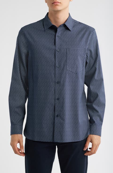 Foulard Print Long Sleeve Stretch Cotton Blend Button-Up Shirt