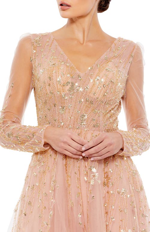 Mac Duggal Embellished V Neck Long Sleeve A Line Gown In Pink Champagne