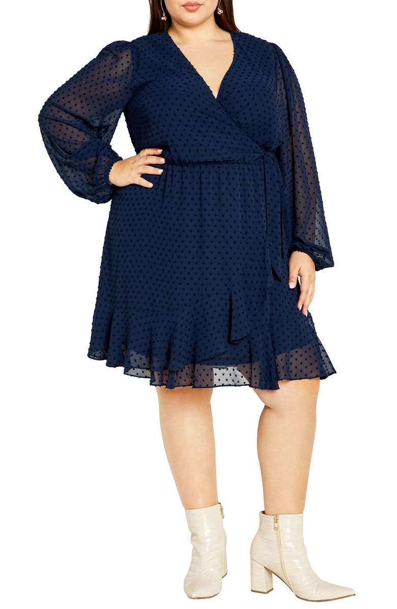 City Chic Long Sleeve Dobby Faux-Wrap Dress, Main, color,