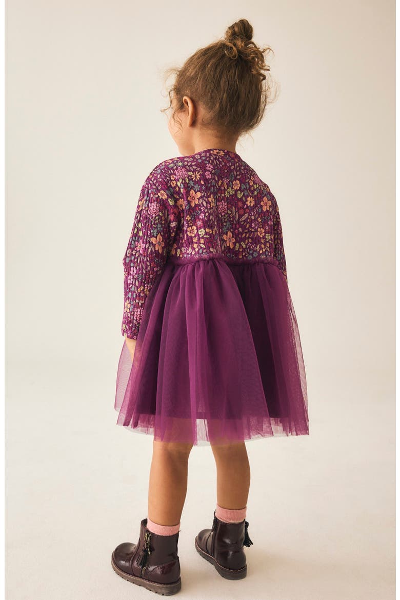 Kids' Ditsy Pleated Floral Mixed Media Mesh Dress, Alternate, color, RED