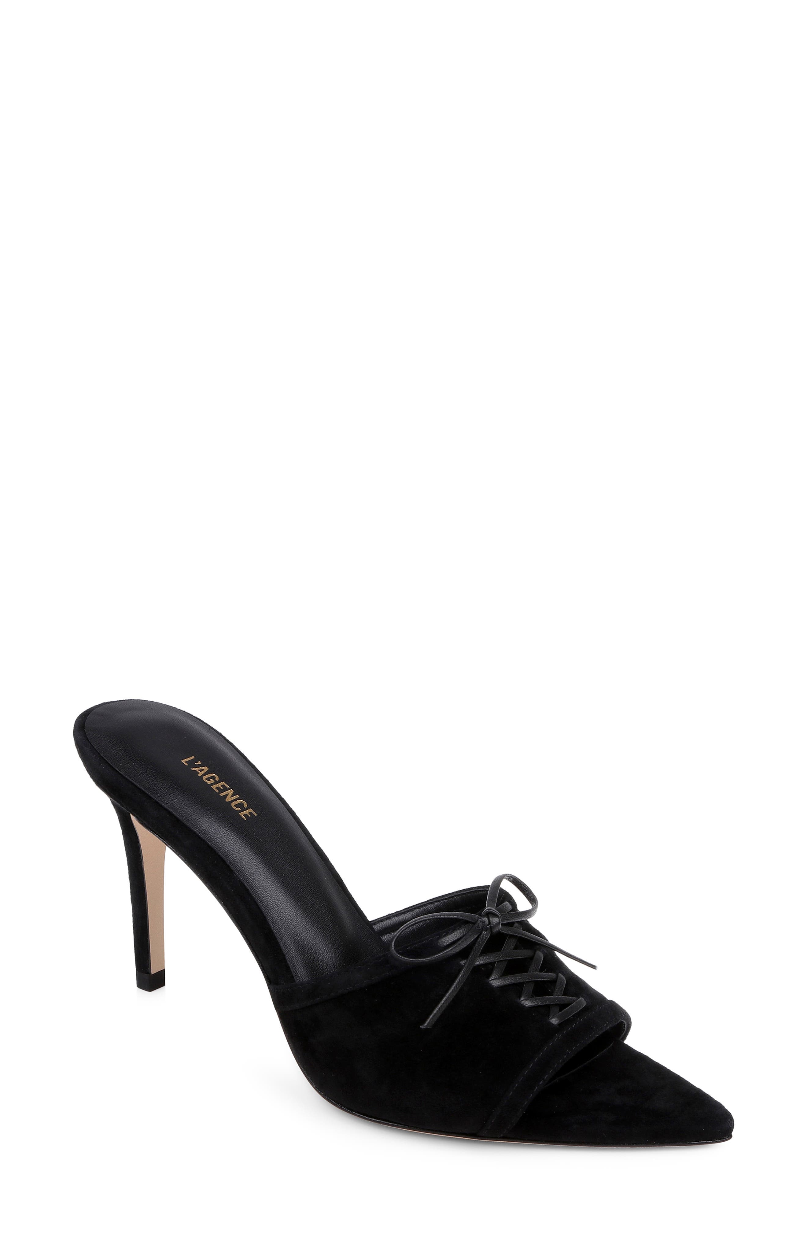 L'AGENCE Thames II Lace Up Pointed Toe Leather Mule, Main, color, Black Suede