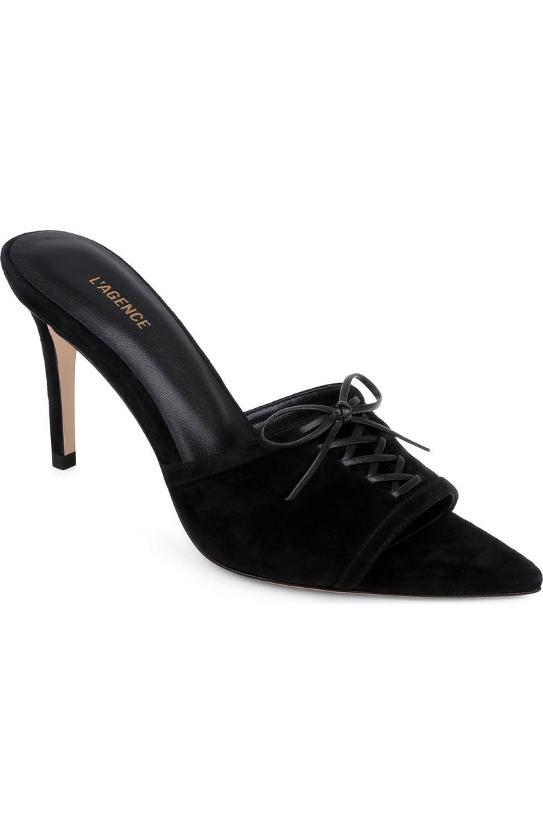 L'AGENCE Thames II Lace Up Pointed Toe Leather Mule, Main, color, Black Suede