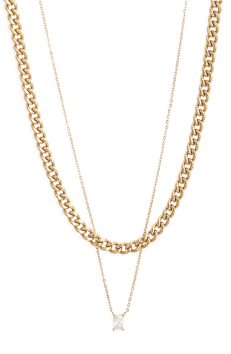 Nordstrom Set of 2 Waterproof Curb Chain & Cubic Zirconia Pendant Necklaces, Main, color, Clear- Gold