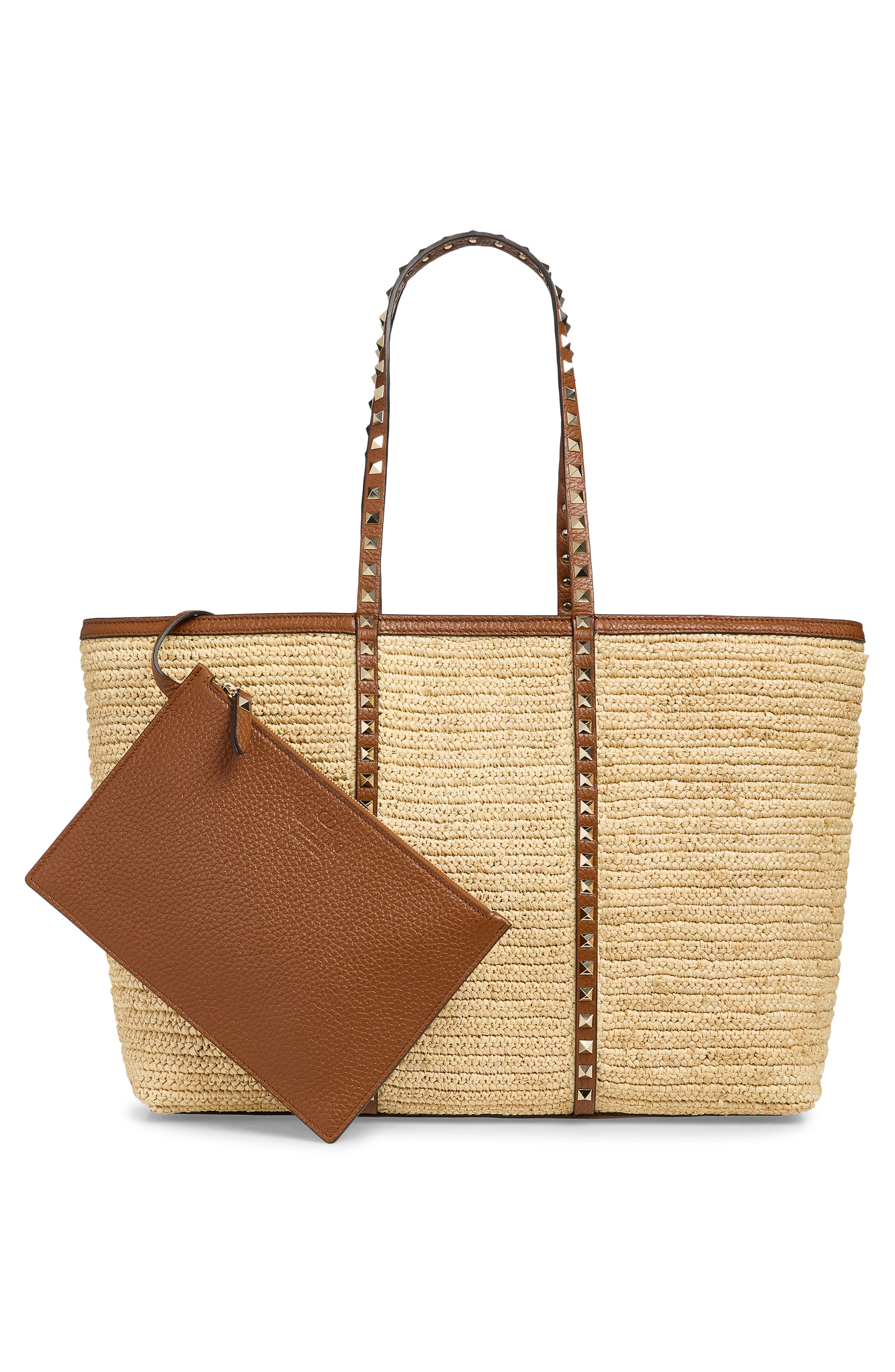 Valentino Garavani Rockstud Crochet Raffia Tote, Alternate, color, Natural