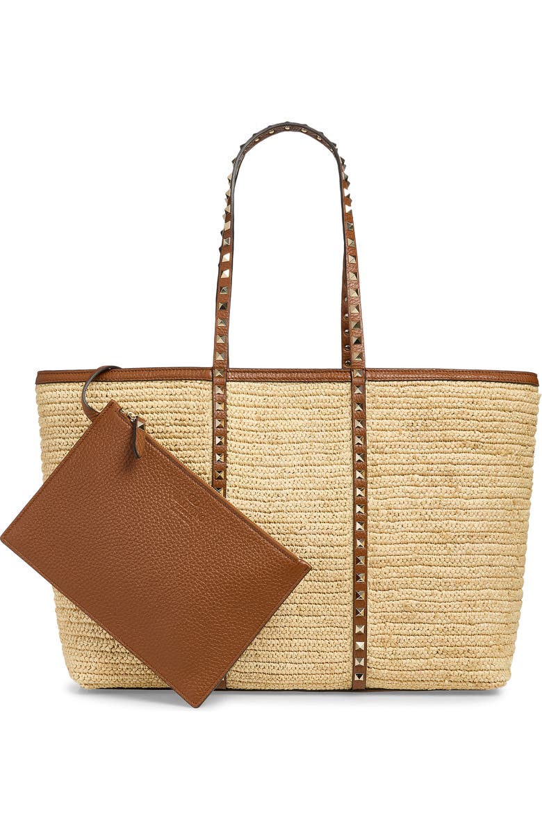 Valentino Garavani Rockstud Crochet Raffia Tote, Alternate, color, Natural