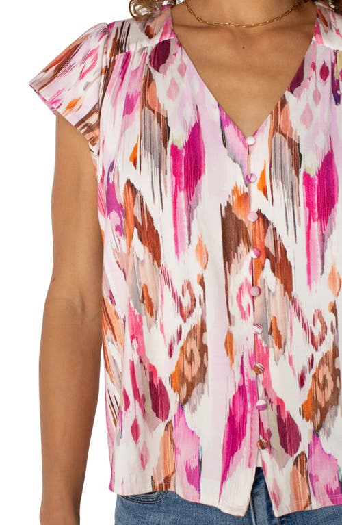 Liverpool Los Angeles Flutter Sleeve Knit Button-up Shirt In Pink Printed Ikat