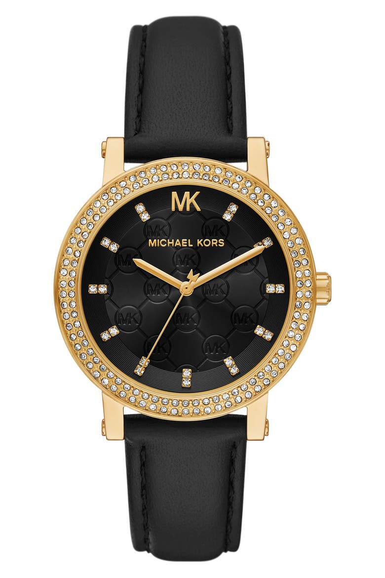 Corey Crystal Pavé Three-Hand Quartz Leather Strap Watch, 38mm, Main, color, GOLD