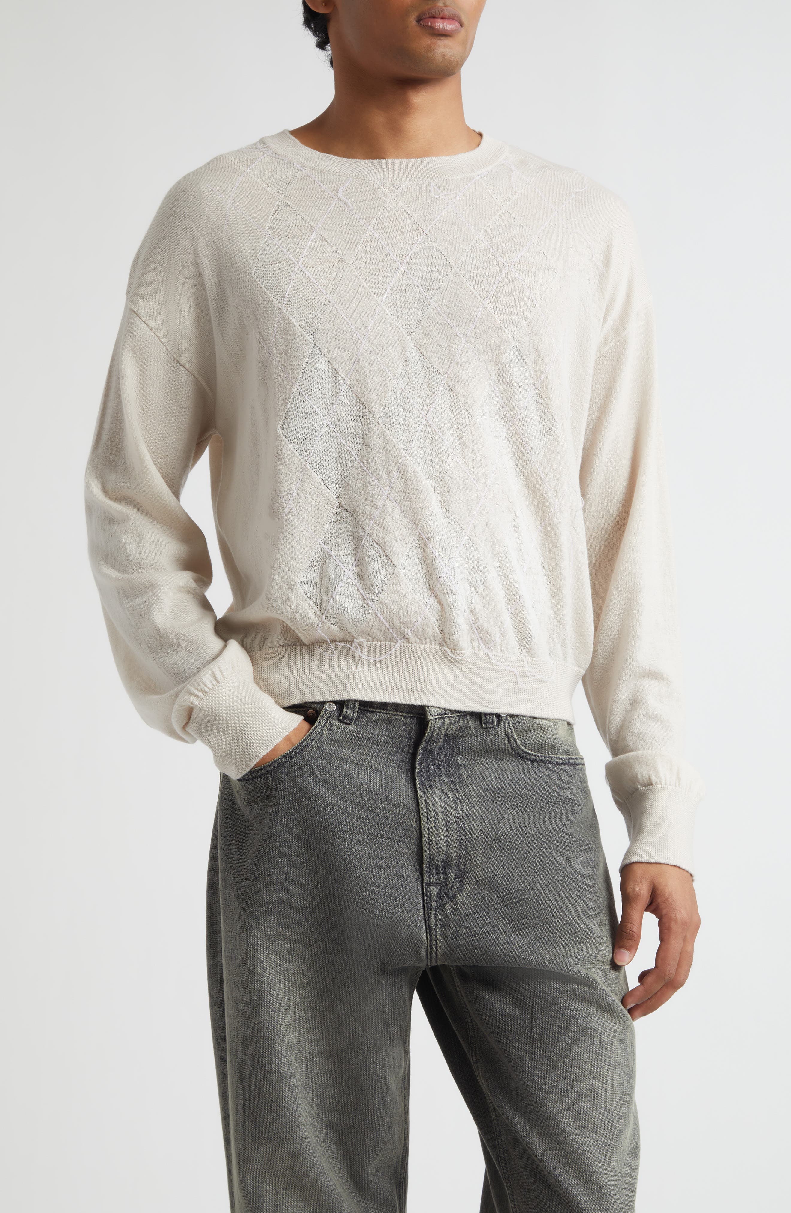 Sonar Distressed Argyle Plaid Wool Sweater