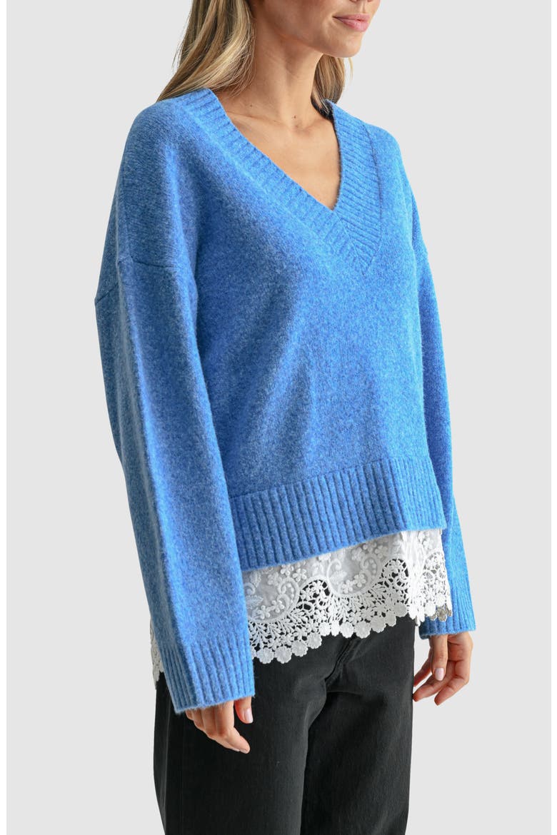 Lace Hem V-Neck Sweater, Alternate, color, CORNFLOWER BLUE
