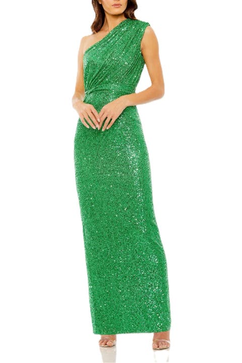 Women’s One Shoulder Ruched Sequin Evening Gown