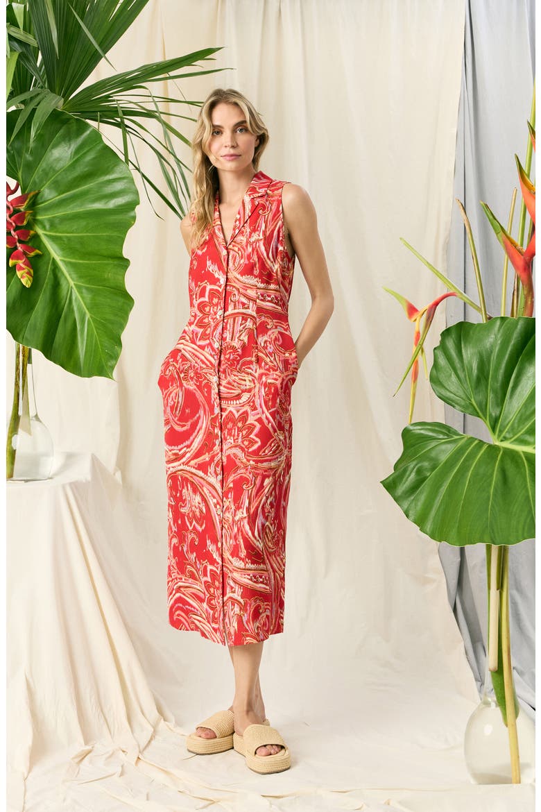 Button Front Midi Dress, Alternate, color, RED/ PINK