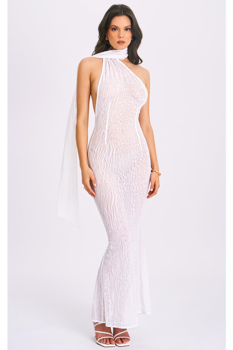 Oleena Burnout Velvet Mesh Halter Neck Maxi Dress, Main, color, White