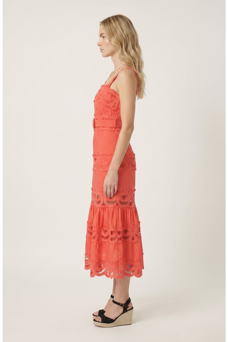 Belted Lace Inset Midi Dress with Square Neck and Tiered Skirt, Alternate, color, Red