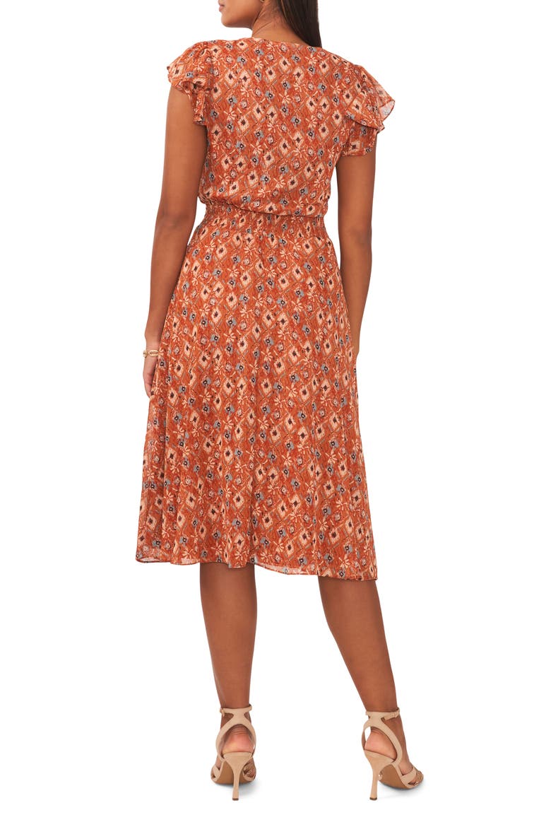 Tile Print Smock Waist Flutter Sleeve Midi Dress, Alternate, color, RUST/ SKY BLUE 237