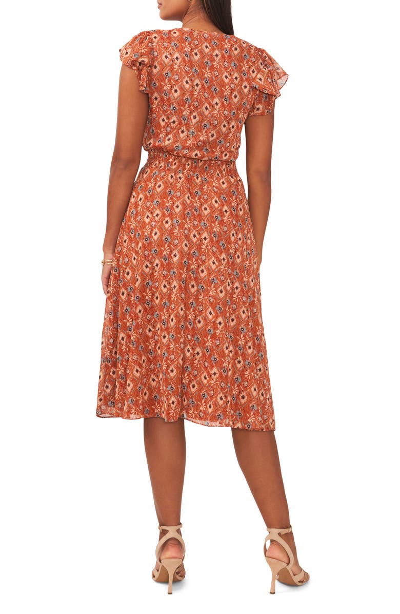 Chaus Tile Print Smock Waist Flutter Sleeve Midi Dress, Alternate, color, Rust/ Sky Blue 237