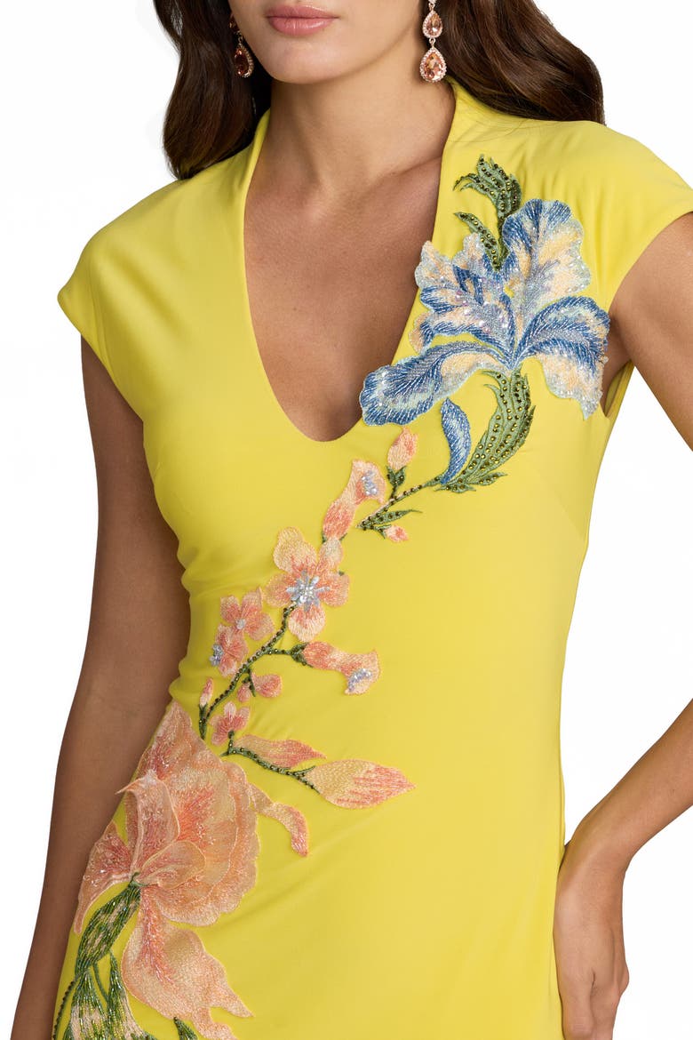 Cap Sleeve Scoop Neck Jersey Floral Detail Gown, Alternate, color, Yellow Multi