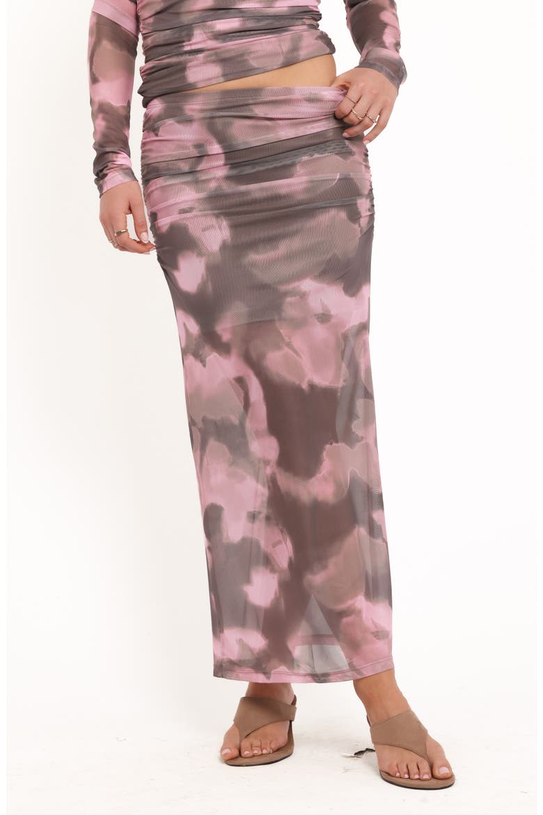 Caelira Abstract Print Mesh Maxi Skirt, Main, color, PINK/ BROWN PRINT