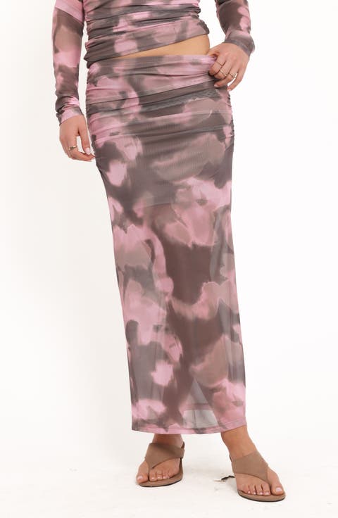 Caelira Abstract Print Mesh Maxi Skirt