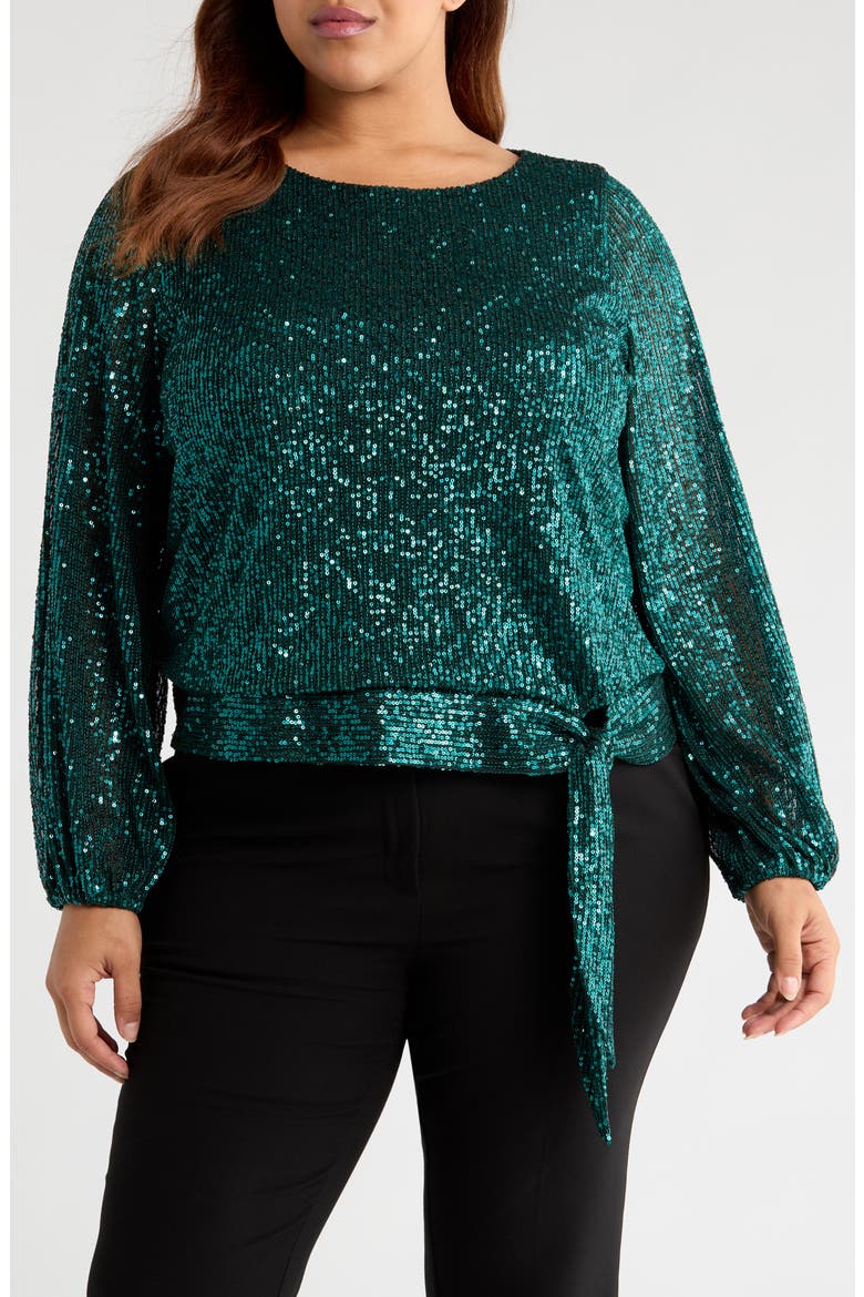 Sequin Tie Hem Top, Main, color, EMERALD