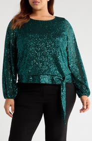 Tahari ASL Sequin Tie Hem Top